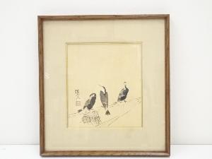 富田渓仙筆　鵜図色紙　肉筆絹本額装（池田遙邨識シール付）